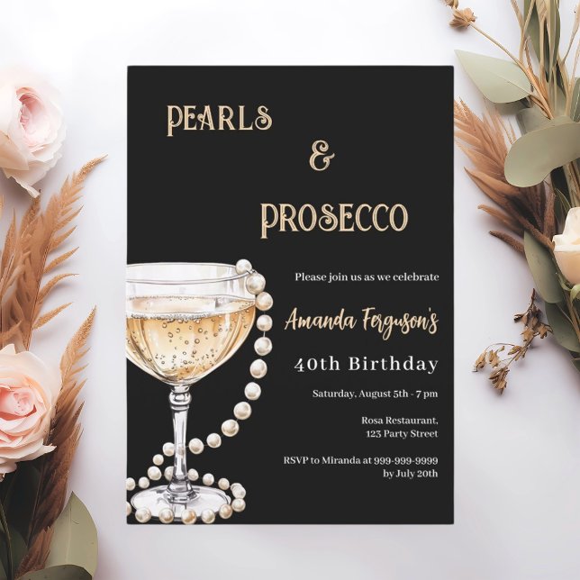 Pearls Prosecco Black guld födelsedag Inbjudningar (Skapare uppladdad)