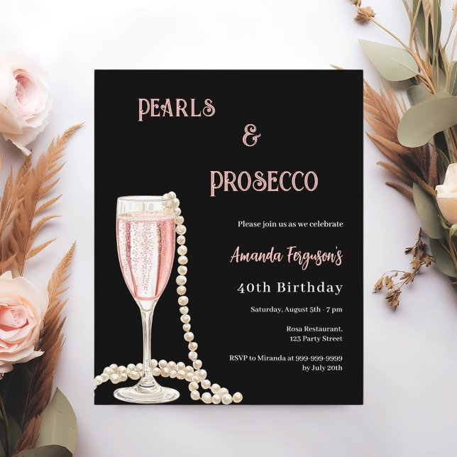 Pearls Prosecco Black rosa födelsedagsinbjudan (Skapare uppladdad)