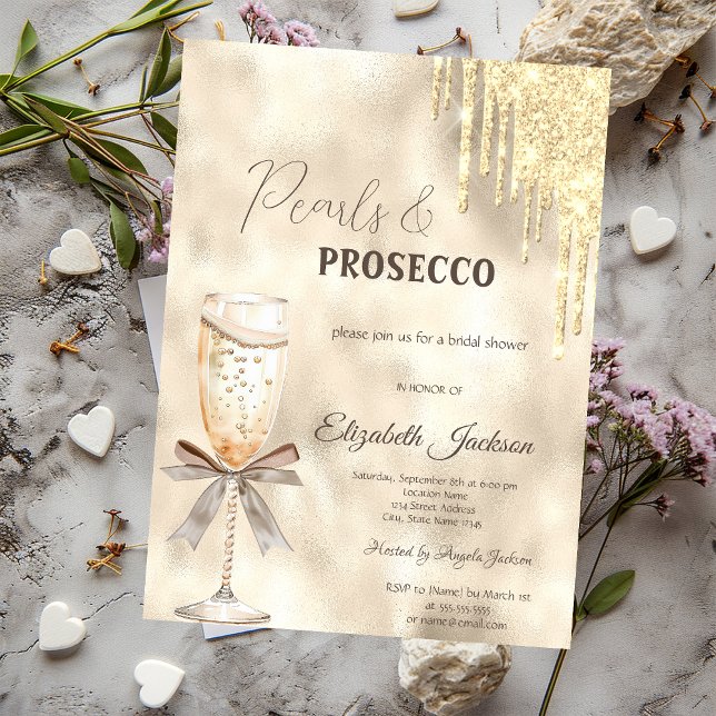 Pearls Prosecco Bow Glitter Drives Inbjudningar (Skapare uppladdad)