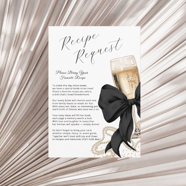 Pearls & Prosecco Bridal Recipe Black Bow Tilläggskort (Coquette Black Bow & Pearls Bridal Shower Enclosure card)