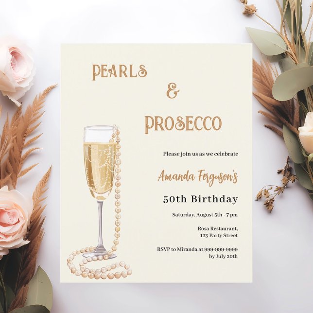 Pearls Prosecco bubLY guld födelsedagsinbjudan (Skapare uppladdad)