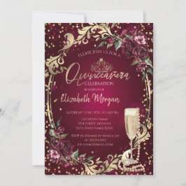 Pearls Prosecco Diamond Burgundy Ro Quinceañera Inbjudningar