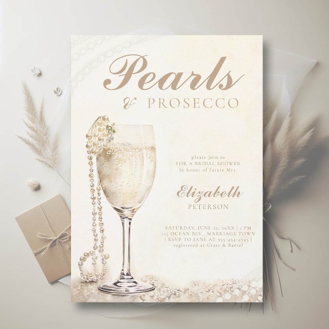 Pearls Prosecco Ecru Elegant Brunch Möhippa Inbjudningar (pearls and prosecco bridal shower invitation brunch lunch elegant modern romantic watercolor ecru)