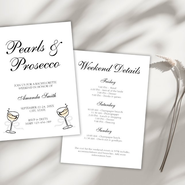 Pearls & Prosecco Elegant Bachelorette Helg Inbjudningar (Pearls & Prosecco Elegant Bachelorette Weekend Invitation)