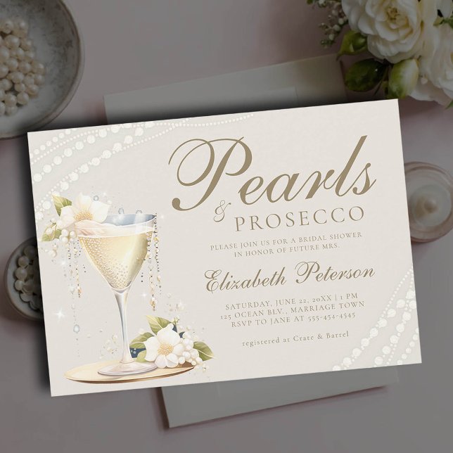 Pearls Prosecco Elegant Chic Brunch Möhippa Inbjudningar (pearls and prosecco bridal brunch invitation champagne glass ivory ecru elegant modern classic chic)