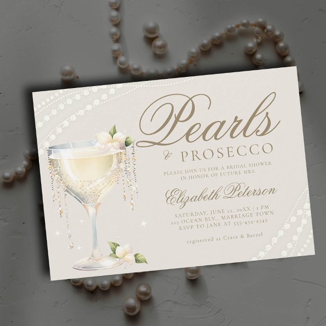 Pearls Prosecco Elegant Ecru Brunch Möhippa Inbjudningar (pearls and prosecco bridal brunch invitation champagne bubbly ivory ecru elegant modern classic)