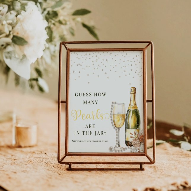 Pearls Prosecco gissar hur många Möhippor som spel Poster (Pearls and Prosecco Guess How Many Pearls Game Poster | Bridal Shower Guessing Game)