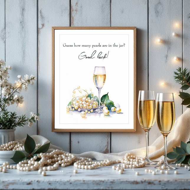 Pearls & Prosecco Guessing Game Möhippa Poster (Pearls & Prosecco Guessing Game Bridal Shower Poster)