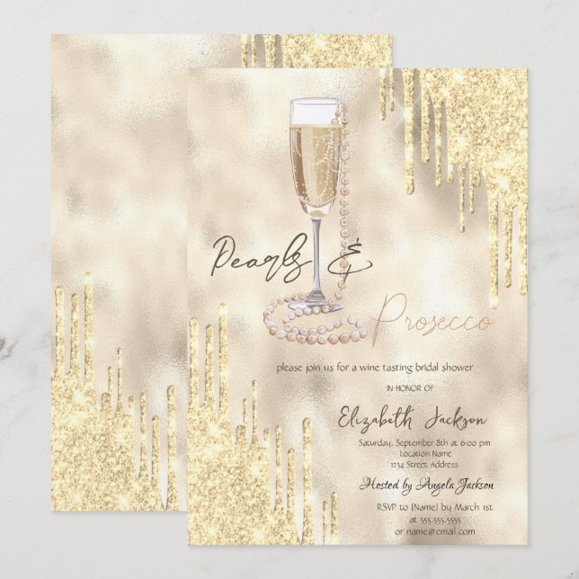 Pearls Prosecco Guld Glitter Drives Möhippa Inbjudningar (Fram/baksida)