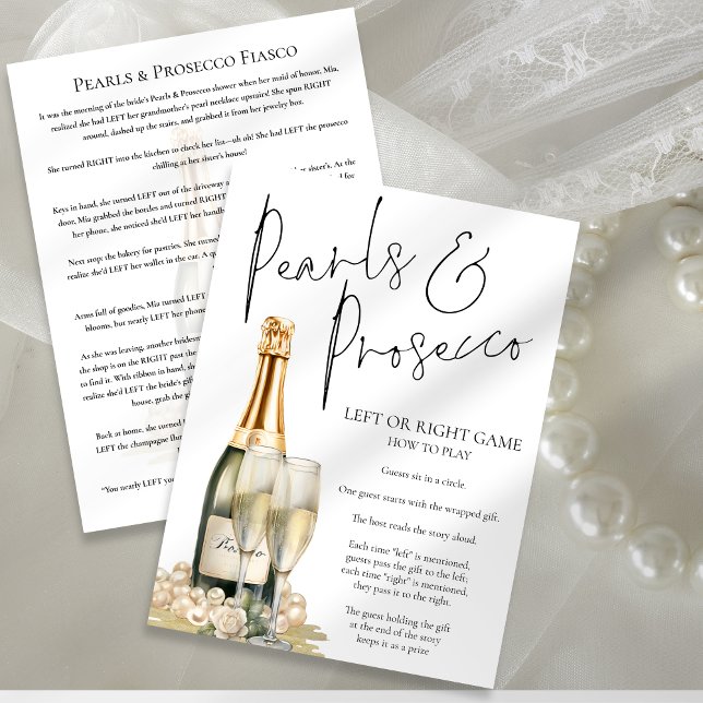 Pearls Prosecco-Höger Lämnat Möhippa Game Card Inbjudningar (Front and back view)