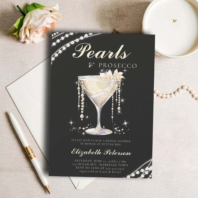 Pearls Prosecco Ivory Black Elegant Möhippa Inbjudningar (pearls prosecco bridal shower invitation brunch template card champagne watercolor ivory black)