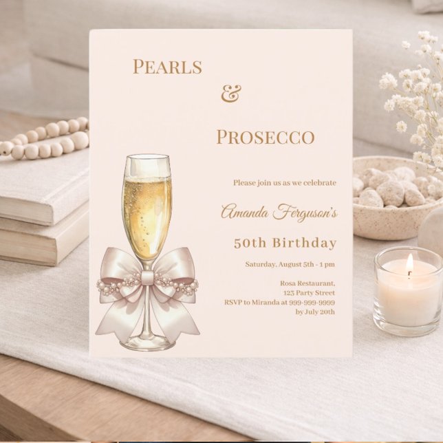 Pearls Prosecco ivory bow birthday invitation (Skapare uppladdad)