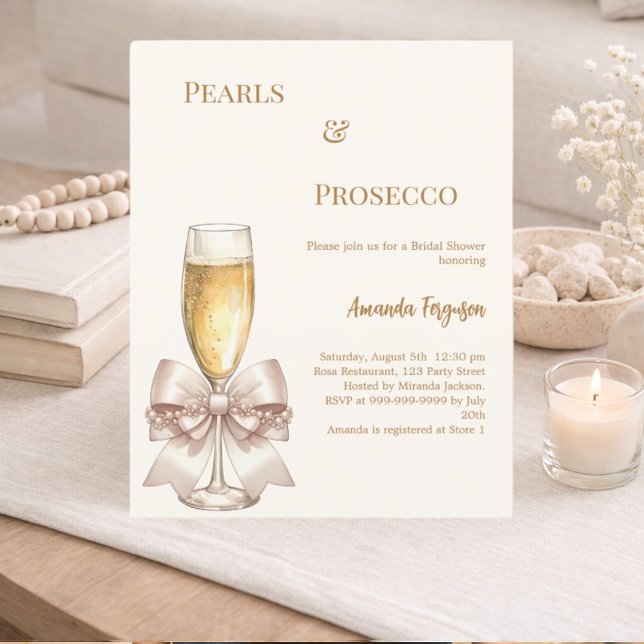 Pearls Prosecco ivory bow Bridal Shower invitation (Skapare uppladdad)