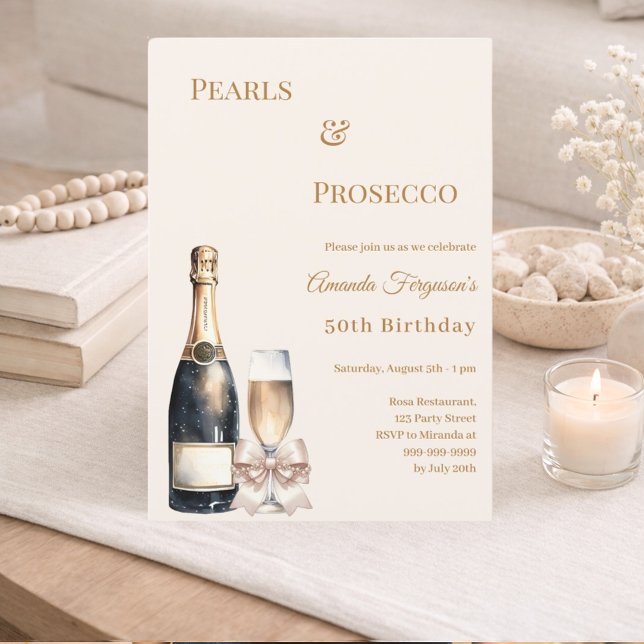 Pearls Prosecco ivory bow elegant birthday  Inbjudningar (Skapare uppladdad)