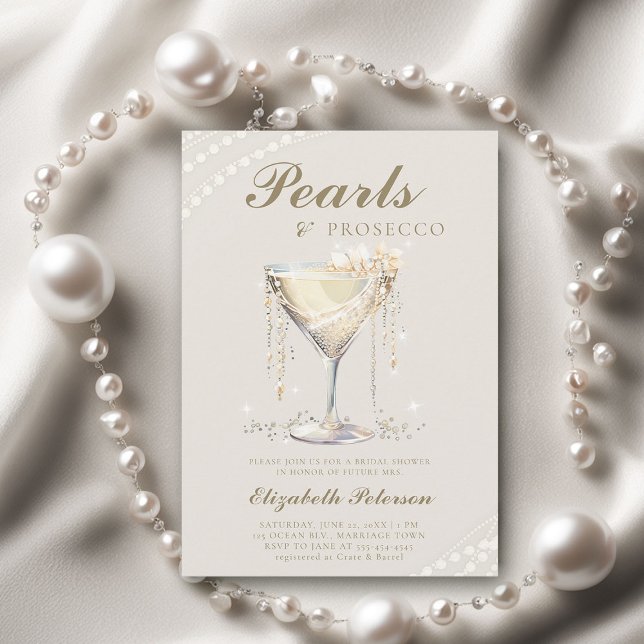 Pearls Prosecco Ivory Elegant Brunch Möhippa Inbjudningar (pearls prosecco bridal shower invitation classy watercolor elegant modern classic)
