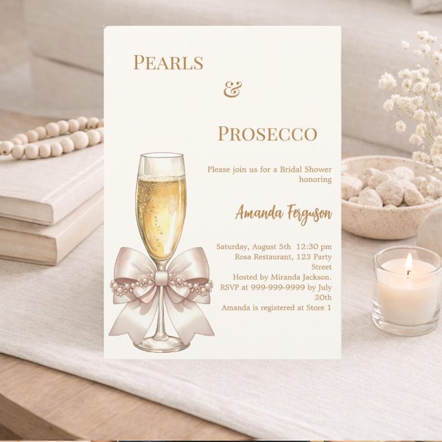 Pearls Prosecco ivory golden bow Bridal Shower Inbjudningar (Skapare uppladdad)