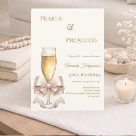 Pearls Prosecco ivory golden bow elegant birthday  Inbjudningar