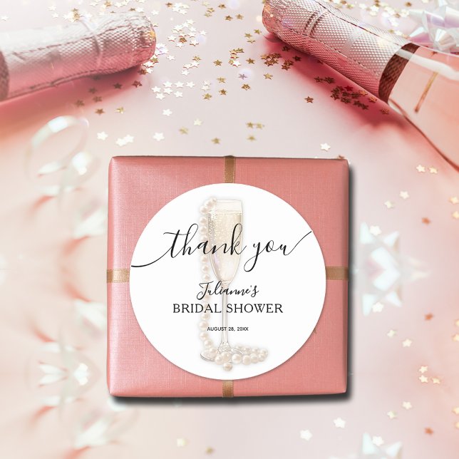 Pearls & Prosecco Möhippa Tack Runt Klistermärke (Pearls & Prosecco bridal shower thank you favor stickers)