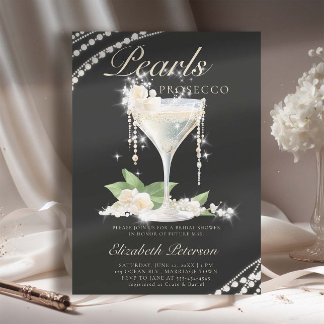 Pearls Prosecco Petals Black Elegant Möhippa Inbjudningar (pearls prosecco petals bridal shower invitation brunch template card champagne watercolor black)