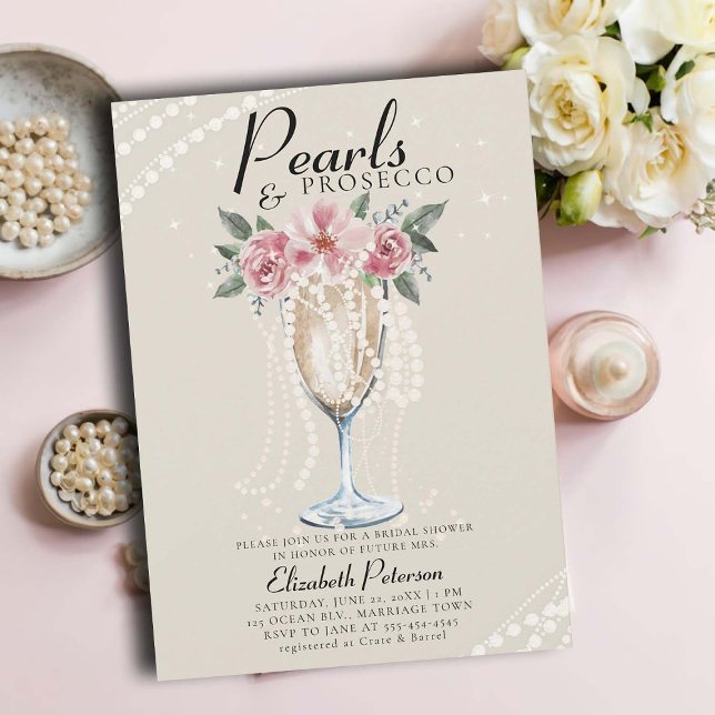 Pearls Prosecco Petals Ivory Brunch Möhippa Inbjudningar (pearls and prosecco bridal shower invitation brunch bubbly champagne garden outdoors modern ivory)