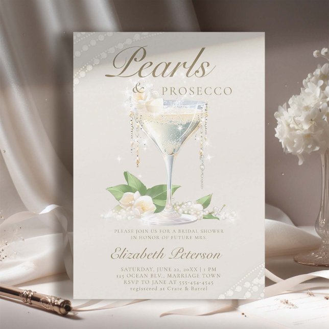 Pearls Prosecco Petals Ivory Elegant Möhippa Inbjudningar (pearls prosecco petals bridal shower invitation brunch template card champagne watercolor ivory)