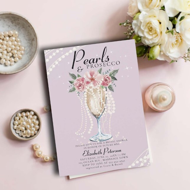 Pearls Prosecco Petals Lilac Brunch Möhippa Inbjudningar (pearls and prosecco bridal shower invitation brunch bubbly champagne garden outdoors modern lilac)