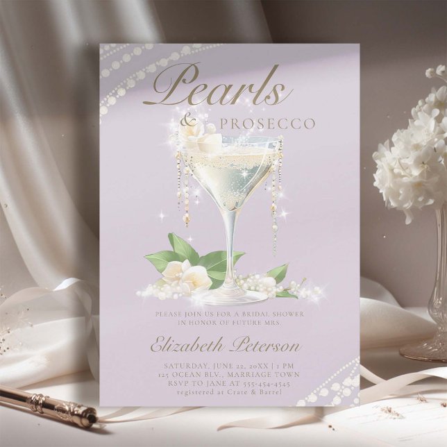 Pearls Prosecco Petals Lilac Elegant Möhippa Inbjudningar (pearls prosecco petals bridal shower invitation brunch template card champagne watercolor lilac)