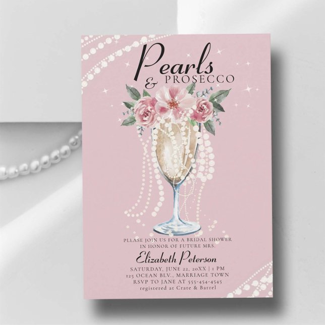 Pearls Prosecco Ro Rosa  Möhippa Inbjudningar (pearls and prosecco bridal shower invitation brunch bubbly champagne garden outdoors modern classy)