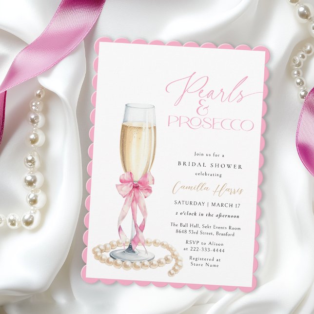 Pearls & Prosecco Rosa Bow Möhippa Inbjudningar (Skapare uppladdad)