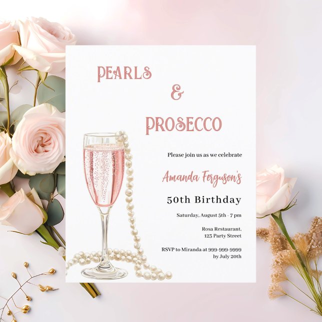 Pearls Prosecco rosa bubbles födelsedagsinbjudan (Skapare uppladdad)