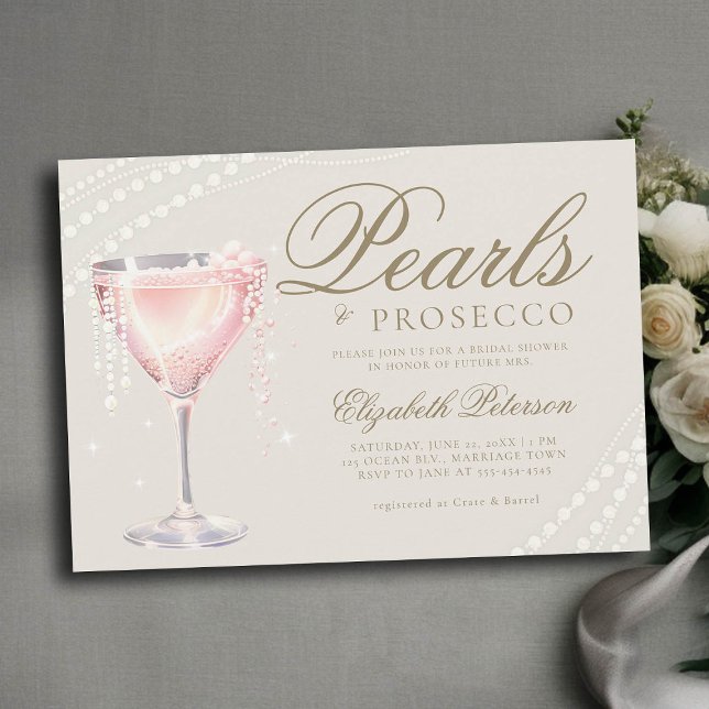 Pearls Prosecco Rosa Bubly Ecru Möhippa Inbjudningar (pearls and prosecco bridal shower invitation pink bubbly ecru gold calligraphy elegant modern classy)