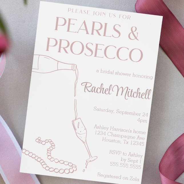 Pearls & Prosecco Rosa Möhippa/Lingerie Shower Inbjudningar (pearls and Prosecco bridal or lingerie shower invitation cute handdrawn champagne pearls invite)
