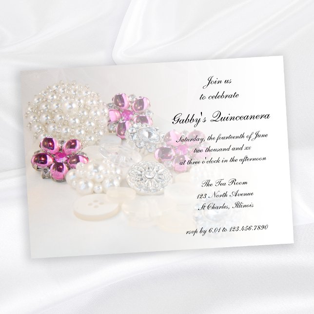 Pearls Rosa Diamond Buttons Quinceañera Party Inbjudningar (Skapare uppladdad)