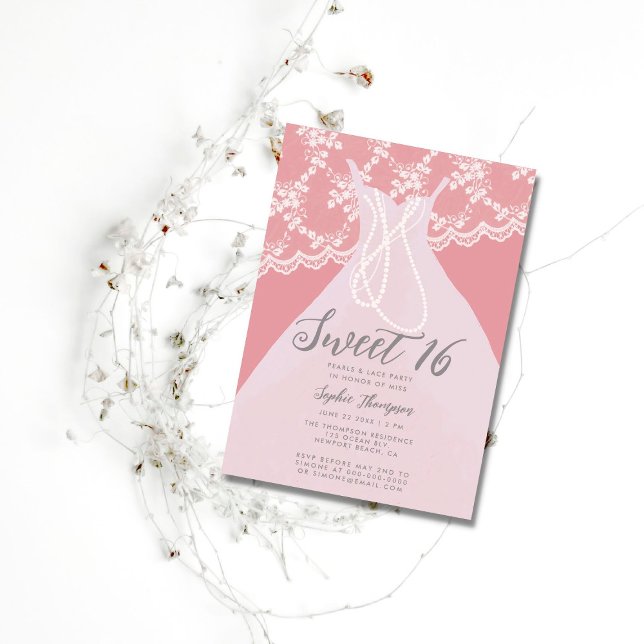 Pearls Snöre Rosa Princess Dress Sweet 16 Party Inbjudningar (Skapare uppladdad)