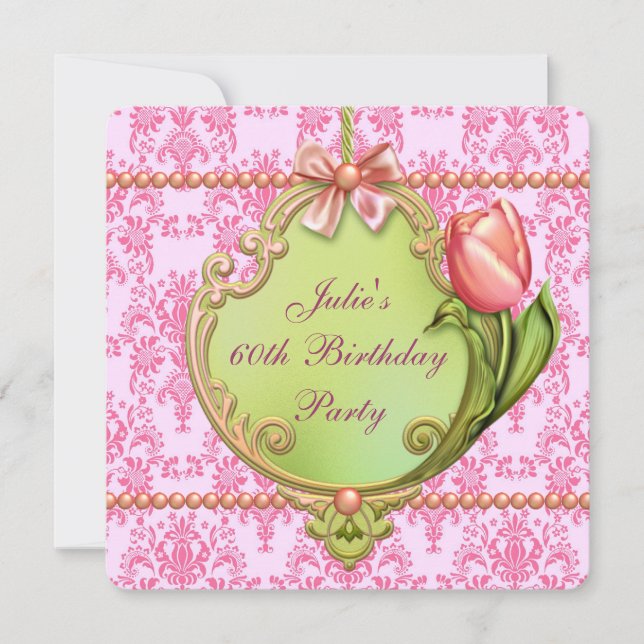 Pearls Tulips Rosa Damask Womans valfritt nummer Inbjudningar (Framsida)