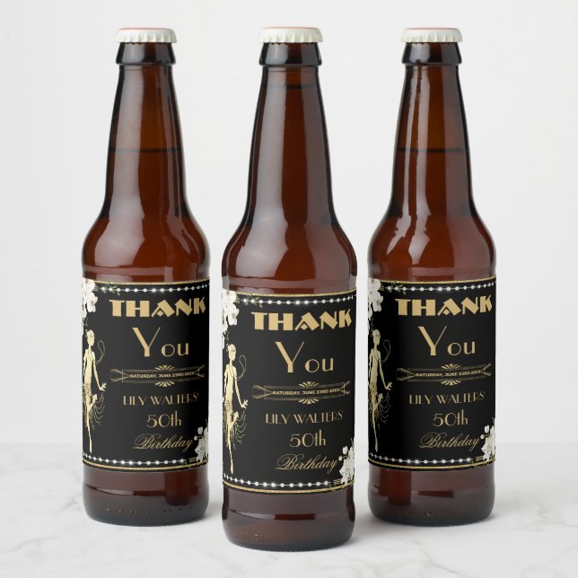 Pearls White Blommigt Art Deco Gatsby 20-årsjubile Ölflaska Etikett (Flaskor)