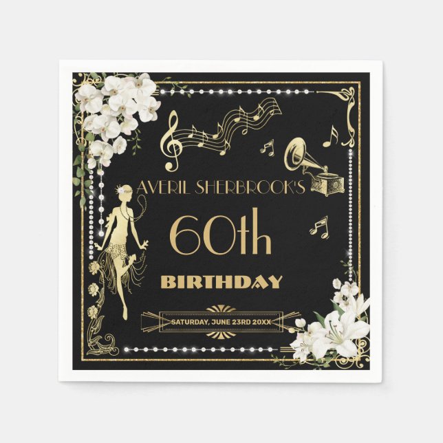 Pearls White Blommigt Art Deco Gatsby 20-årsjubile Pappersservett (Framsidan)