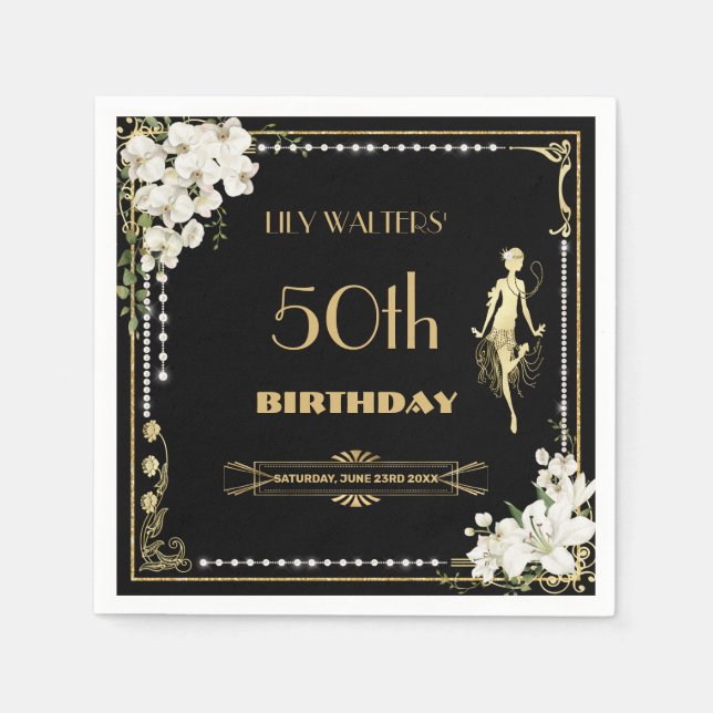 Pearls White Blommigt Art Deco Gatsby 20-årsjubile Pappersservett (Framsidan)