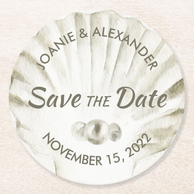 Pearon White Scallop-Snäckan Spara datum Underlägg Papper Rund (Framsidan)