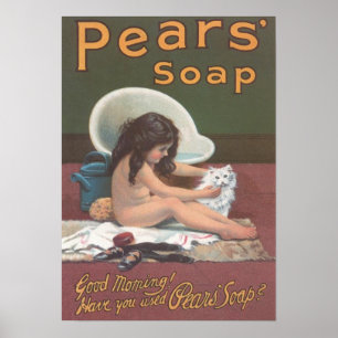 Pears Soap Girl Tvättar Katt Poster