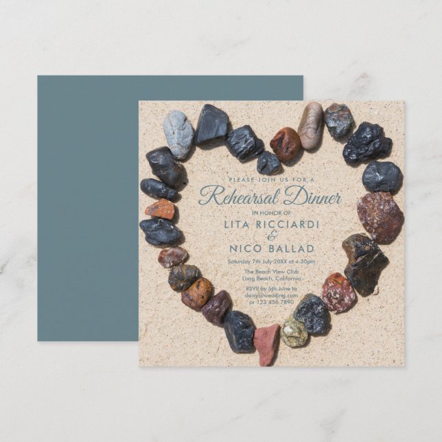 Pebble Heart Beach Thees Rehearsal Dinner Inbjudningar (Fram/baksida)