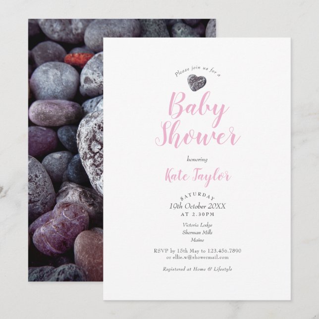Pebble Heart Rosa Baby Shower /Sprinkle/Par Inbjudningar (Fram/baksida)