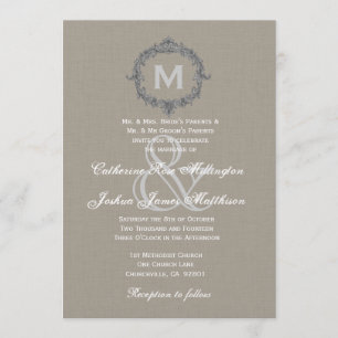 Pebble och Grått Ram Monogram Bröllop Linen Pappra Inbjudningar