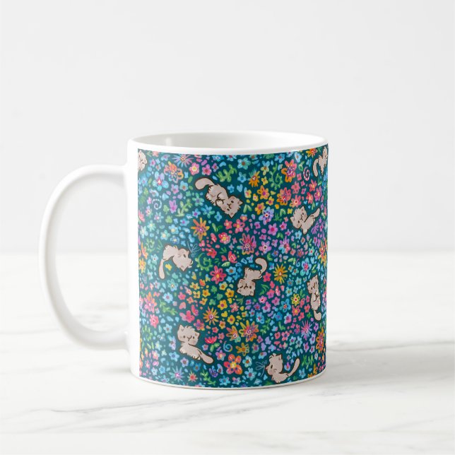 Pebbles Whimsical Garden Grå Katt & Ljus Blommig Kaffemugg (Vänster)