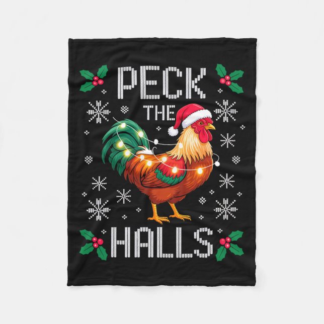 Peck The Halls Chicken Christmas Lights Snowflakes Fleecefilt (Framsidan)