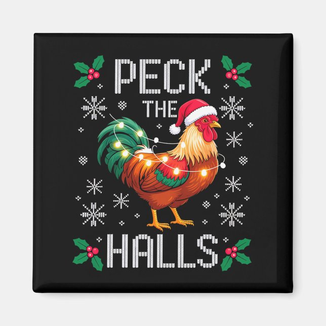 Peck The Halls Chicken Christmas Lights Snowflakes Magnet (Framsidan)