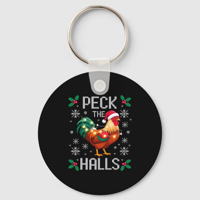 Peck The Halls Chicken Christmas Lights Snowflakes Nyckelring (Framsida)