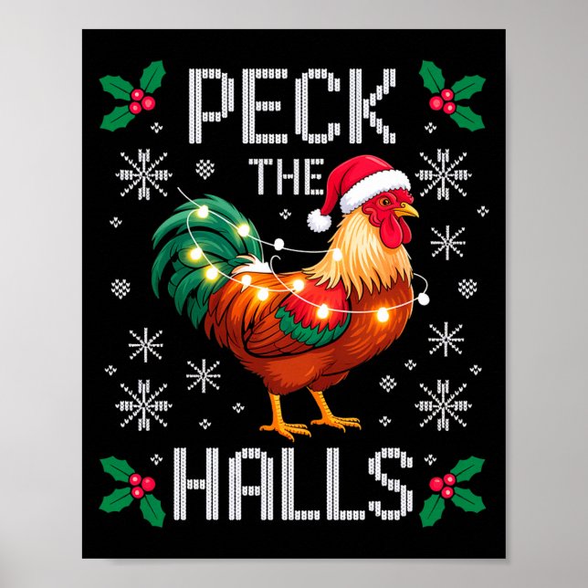 Peck The Halls Chicken Christmas Lights Snowflakes Poster (Framsidan)