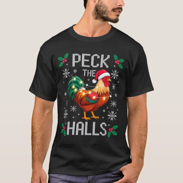 Peck The Halls Chicken Christmas Lights Snowflakes T Shirt (Framsida)