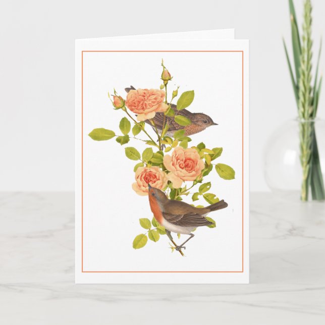 Pecklade bruna fåglar på ett Peach Ro Stem Card Tack Kort (Framsida)